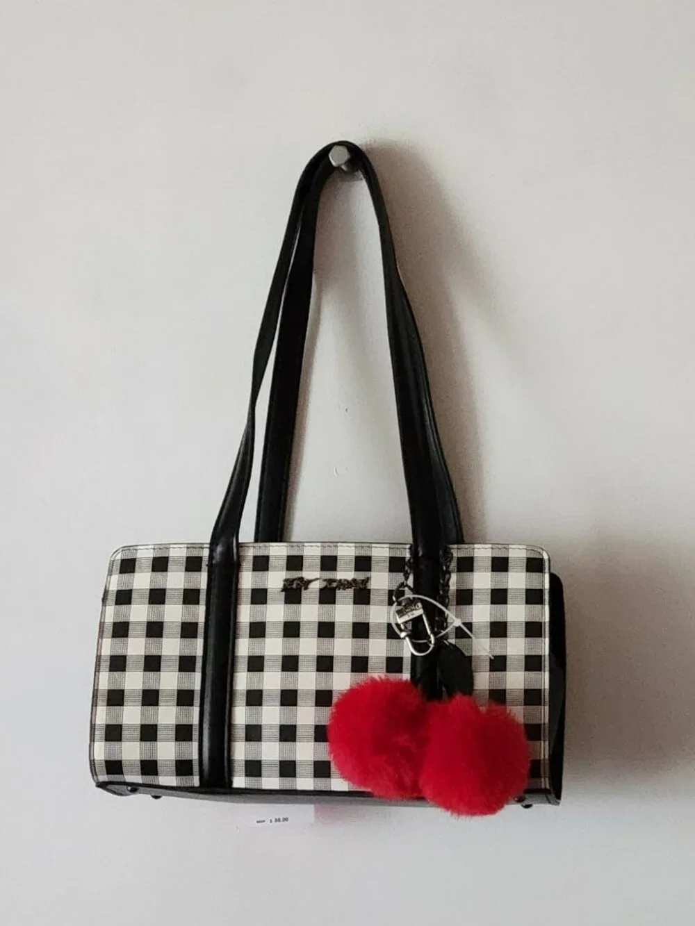 Betsey Johnson bag satchel black white gingham cherries Mack NWT $88